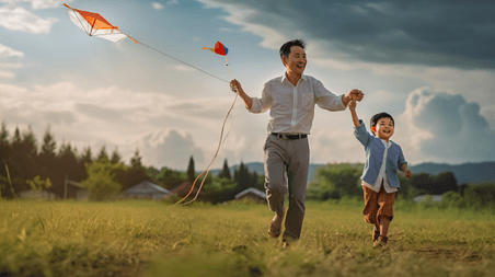 潮国创意亚洲现代父亲带着孩子在公园里放风筝亚洲人像