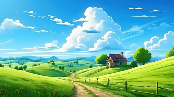 潮国创意蓝天白云绿色小草小山丘8天空草坪田园