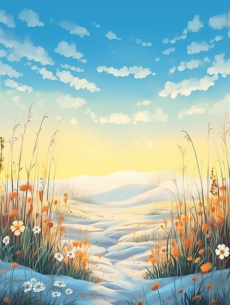 潮国创意冬季花草童书插图17风景田园草地积雪