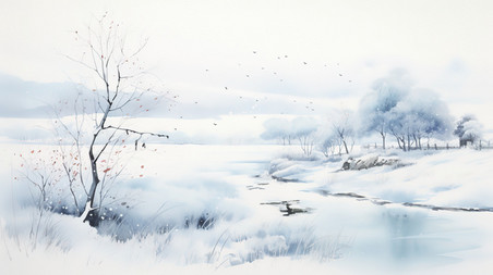 潮国创意宁静的冬季景象水彩画17中国风意境山水冬天雪景