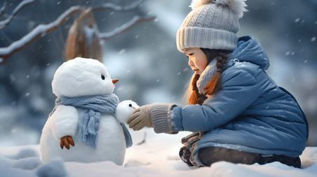 创意雪地上堆雪人的儿童亚洲人像冬天堆雪人