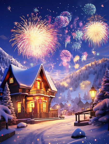 潮国创意雪地房子天空烟花夜空17圣诞元旦双旦冬天小镇北欧