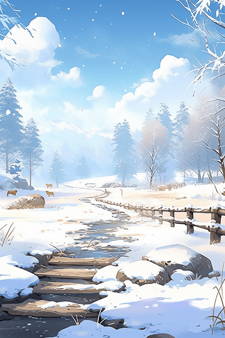 潮国创意冬天唯美雪景插画手绘海报冬季大雪雪地