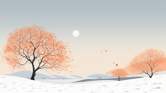 创意冬季天野雪地枯树插画6简约抽象扁平冬天