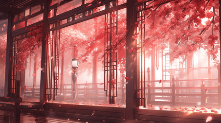 创意红色中国风门窗风景造型插画11国潮游戏场景浪漫