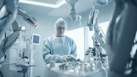 手术机器人外科医生在手术台上给病人现代医疗技术
