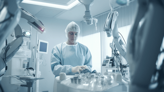 手术机器人外科医生在手术台上给病人现代医疗技术