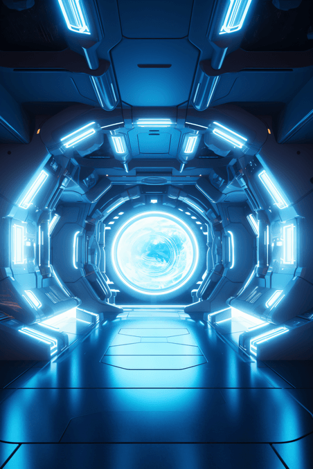 潮国创意蓝色的飞船内部发光未来走廊在空间站与圆形科技电商背景