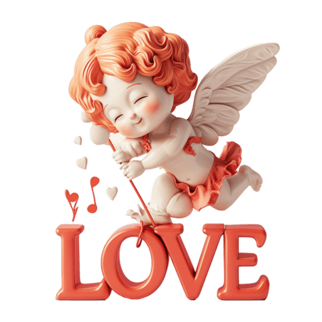 创意3D红色卡通可爱的小天使和LOVE情人节丘比特