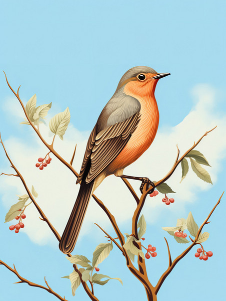 创意树枝上的小鸟插画12写实风花鸟动物春天