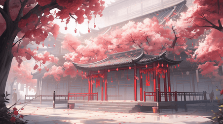创意红色中国风门窗风景造型插画国潮游戏场景樱花浪漫