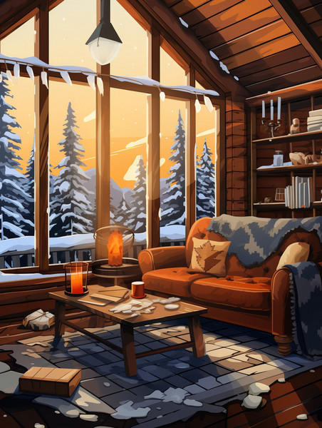 潮国创意温暖木屋窗外雪景4温馨别墅下雪冬天冬季室内