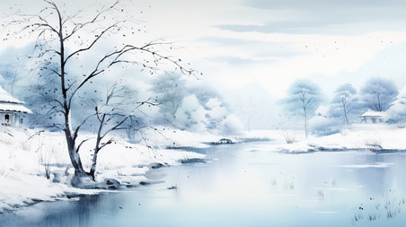 潮国创意宁静的冬季景象水彩画13