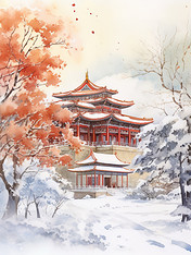 创意冬季中国建筑淡水彩画18插图冬天雪景故宫
