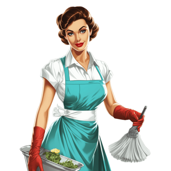 潮国创意围裙和手套里拿着扫帚的女人做清洁工作