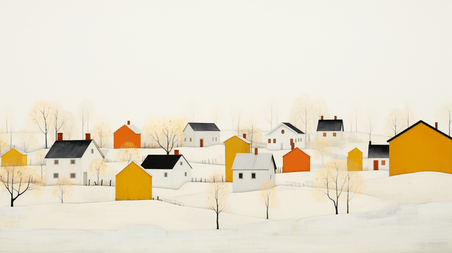 创意黄色乡村建筑风景唯美插画9简约唯美抽象小村庄