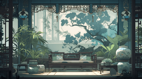 潮国创意中国风中式绿色系室内古风场景游戏场景