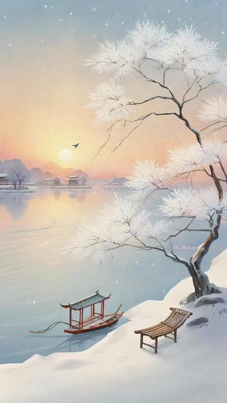 潮国创意肌理磨砂质感夕阳里的冬景雪景13中式意境浪漫