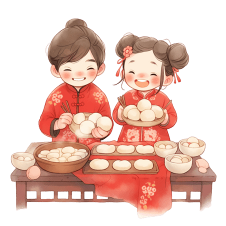 潮国创意新年卡通情侣做糕点手绘元素春节做饭包饺子