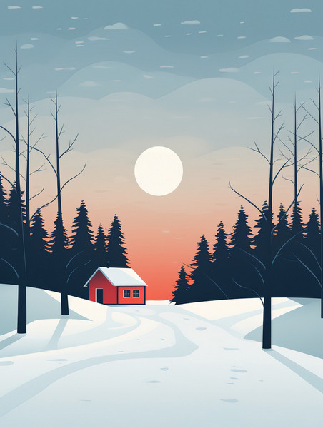 潮国创意白雪包围的冬季小屋11冬天雪景卡通森林扁平插画