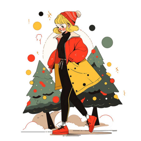 潮国创意冬天女孩圣诞节圣诞树扁平插画元素