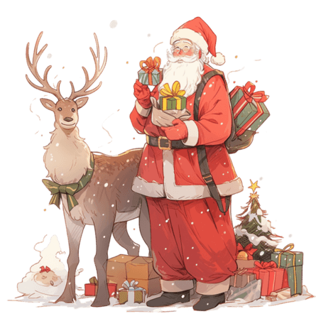 潮国创意圣诞老人小鹿松树卡通圣诞节手绘元素
