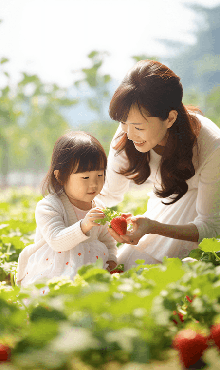 创意妈妈和孩子一起采摘草莓亲子活动大棚基地采水果