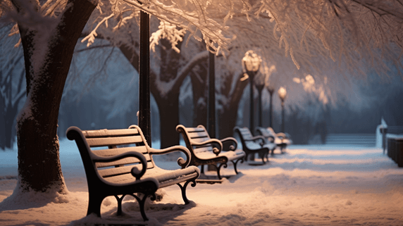 潮国创意冬日街灯下的长椅雪景大雪下雪公园长椅