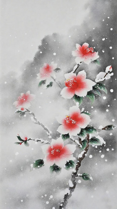 潮国创意国风冬天雪景大雪中的花枝意境背景白色雪景大雪