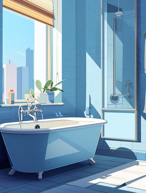 创意极简浴室牛仔蓝色18插画海报蓝色卫浴卡通扁平场景