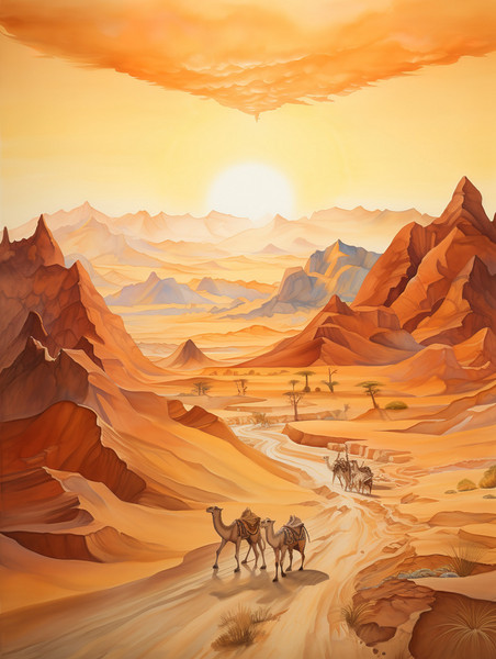 潮国创意丝绸之路山脉行走的骆驼12敦煌沙漠