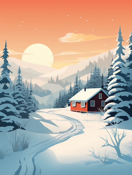 潮国创意白雪包围的冬季小屋15冬天雪景卡通森林扁平插画