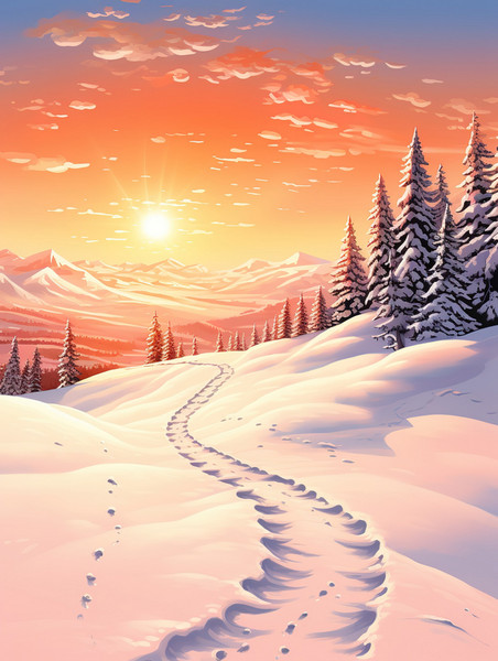 潮国创意雪地雪山美丽绚丽的日落11冬天冬季雪景树林日落夕阳