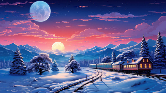 创意梦幻冬天的场景火车铁轨原创插画雪国列车