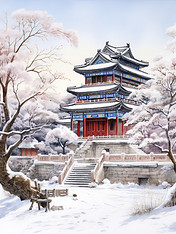 创意冬季中国建筑淡水彩画8插画冬天雪景故宫