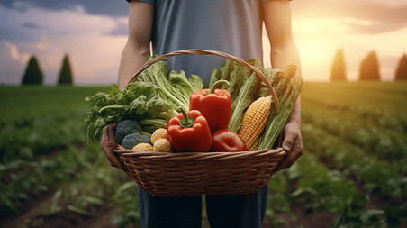 潮国创意农民端着新鲜采摘的蔬菜