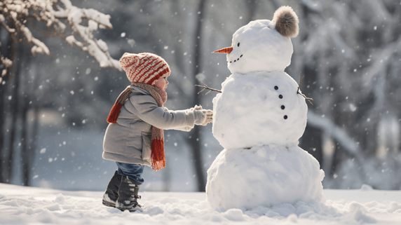 创意雪地上堆雪人的儿童亚洲人像冬天堆雪人