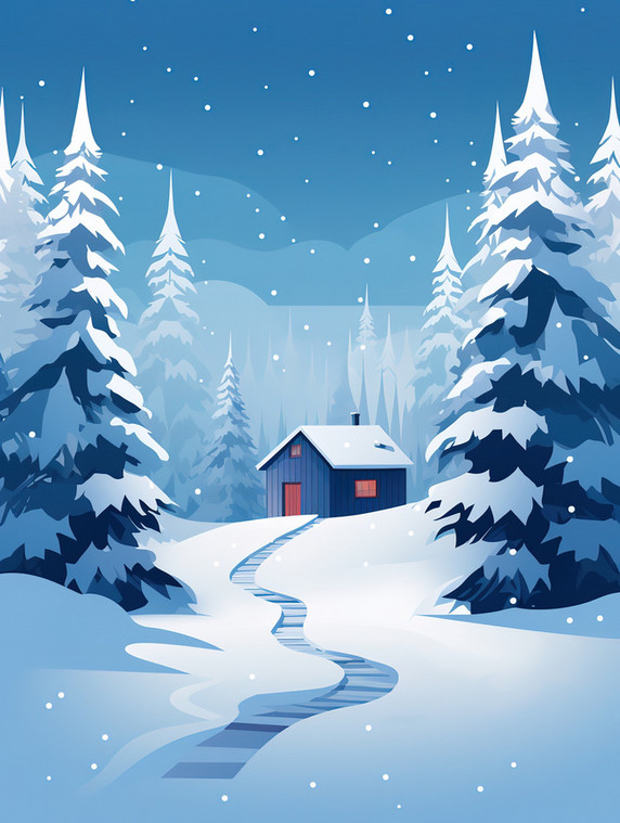 潮国创意白雪包围的冬季小屋5冬天雪景卡通森林扁平插画