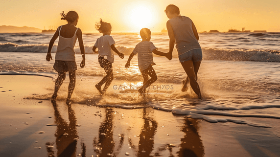 潮国创意户外远足的四口家庭人像人物剪影海边大海旅游度假