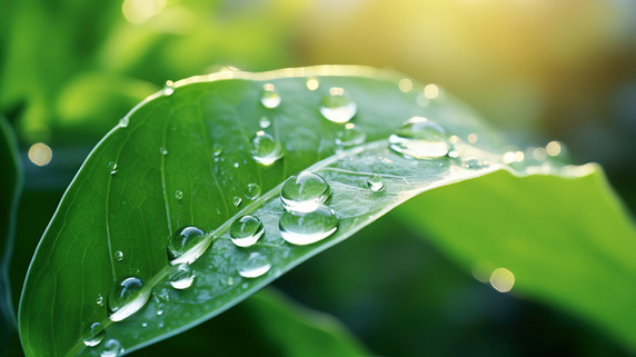 创意雨水滴在绿色的叶子春天雨水春雨露珠