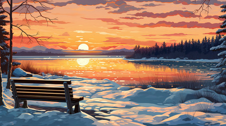 潮国创意日落时在湖边有一张长椅7冬天冬季夕阳长椅风景