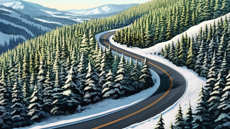 潮国创意冬季高山蜿蜒的道路1冬天冬季雪景树林日落夕阳