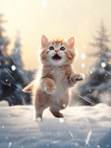 创意冬天的小猫雪中跳跃壁纸16动物宠物雪景