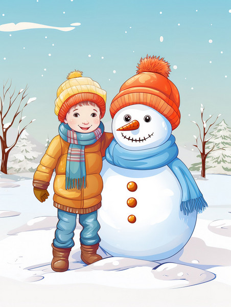 潮国创意孩子冬天在雪地上堆雪人11堆雪人冬天冬季