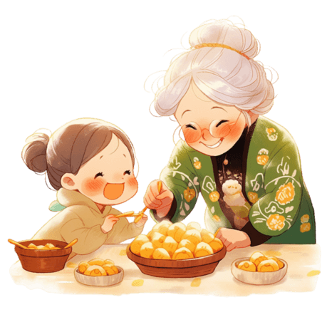 潮国创意新年手绘元素奶奶和孩子做糕点卡通春节包饺子