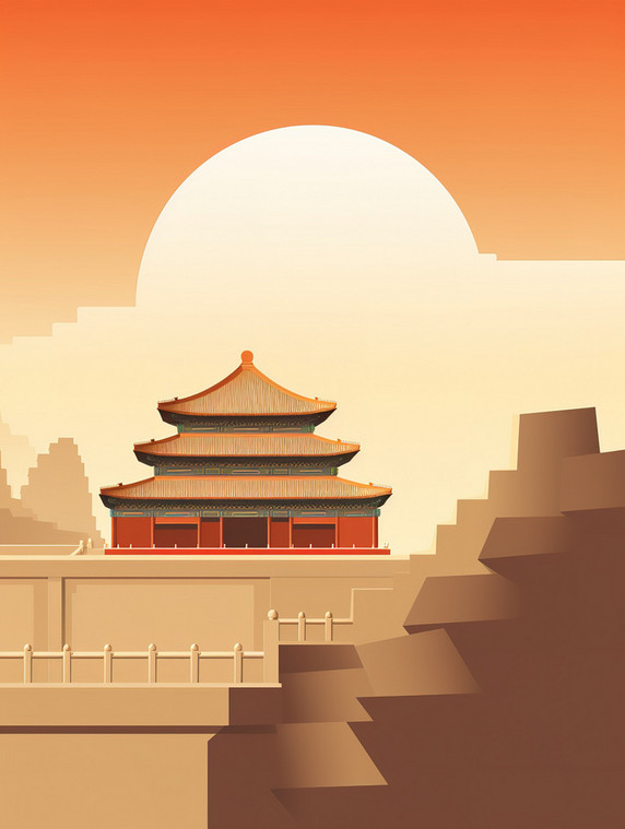 潮国创意宫殿建筑屋檐优雅橙色15撞色简约几何