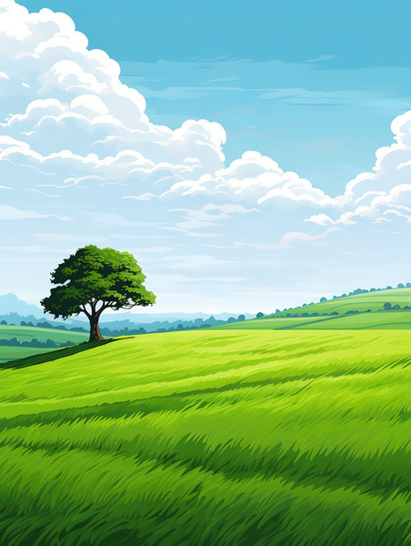 潮国创意山坡上的一棵孤独树18风景卡通草地