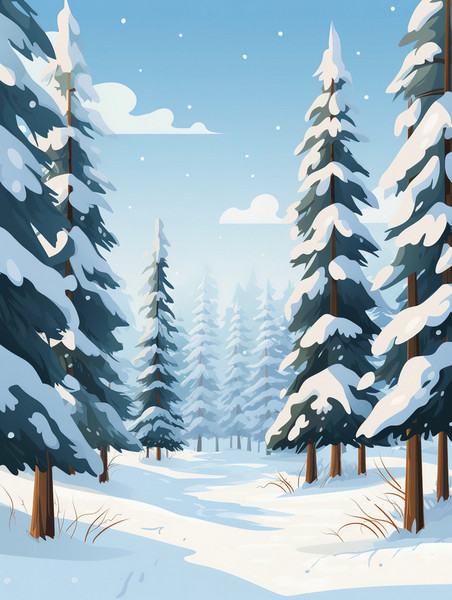 创意冬天森林松树厚厚的积雪13图片冬天冬季卡通雪景雪地