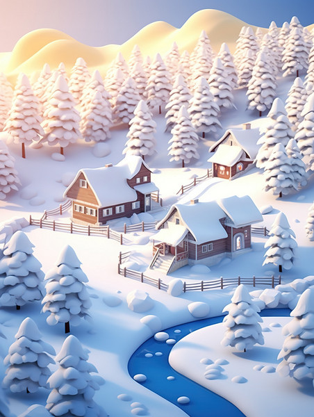 创意冬季雪景雪乡雪谷8插画冬天微景观雪景雪地