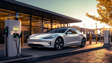 潮国创意新能源汽车正在充电桩前充电